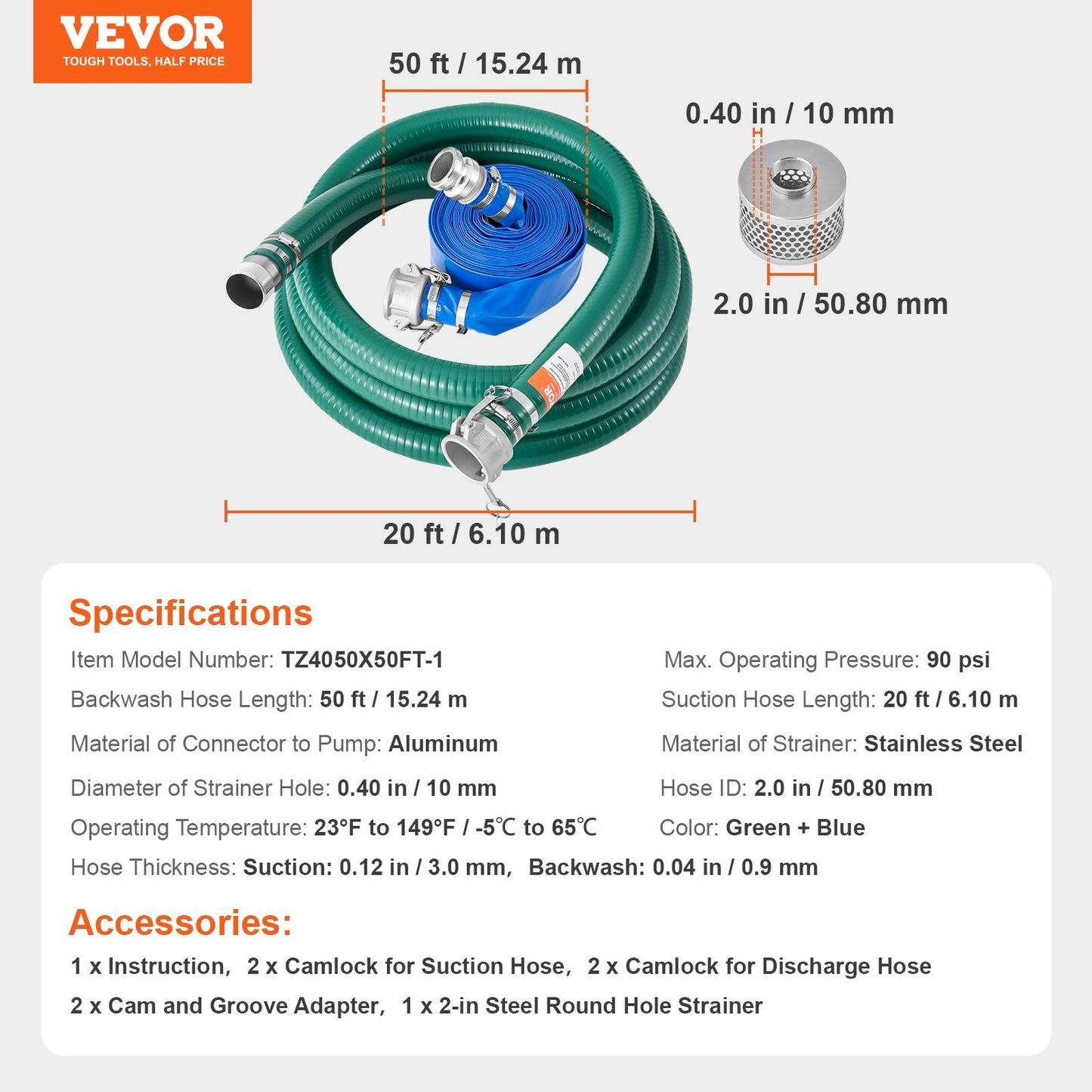 Suction Hose Kit For WaterPump 2 In X 20 Ft Green 50 Ft Blue Hoses Trendsi