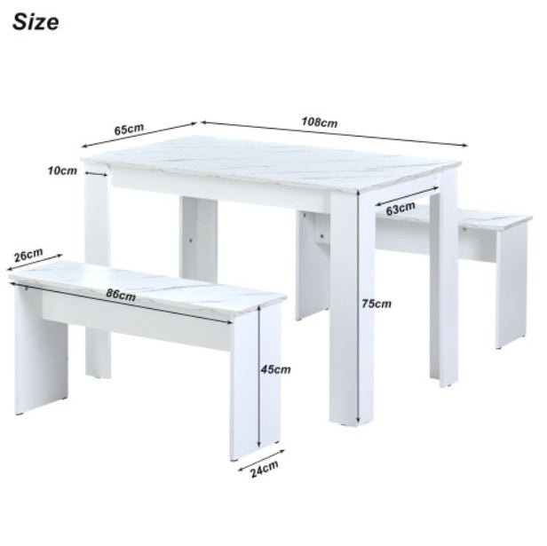 Dining Table With 2 Benches Dining Table Set For Kitchen, Dining Room, Small Space Artificial Marble White Trendsi