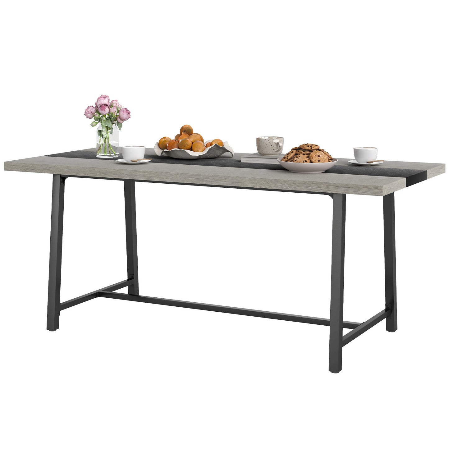 Industrial Kitchen Table For 8 People, 70.9 Long Dining Table With Large Tabletop And Steel Legs For Dining Room, Gray Trendsi