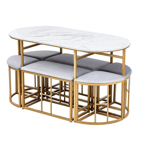 Dining Group, Set, With Dining Table, 4 Small Stools And 2 Large Stools, Kitchen Dining Table Set Made Of Steel Frame, Modern White And Gold, 140x70x76cm, Load Capacity 120 Kg Trendsi
