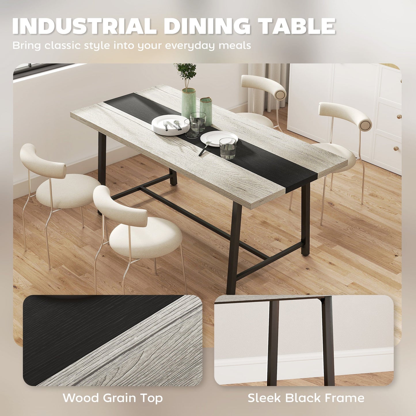 Industrial Kitchen Table For 8 People, 70.9 Long Dining Table With Large Tabletop And Steel Legs For Dining Room, Gray Trendsi