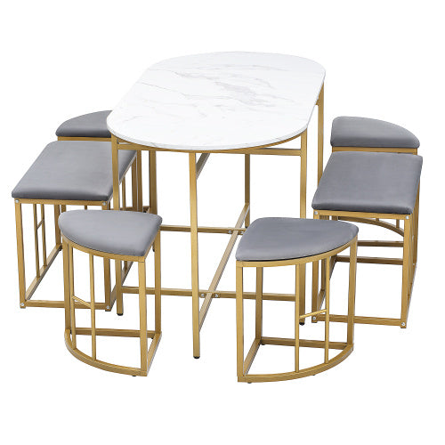 Dining Group, Set, With Dining Table, 4 Small Stools And 2 Large Stools, Kitchen Dining Table Set Made Of Steel Frame, Modern White And Gold, 140x70x76cm, Load Capacity 120 Kg Trendsi