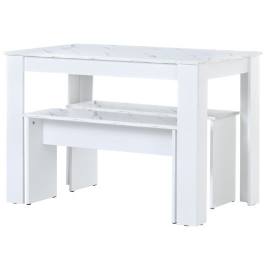 Dining Table With 2 Benches Dining Table Set For Kitchen, Dining Room, Small Space Artificial Marble White Trendsi