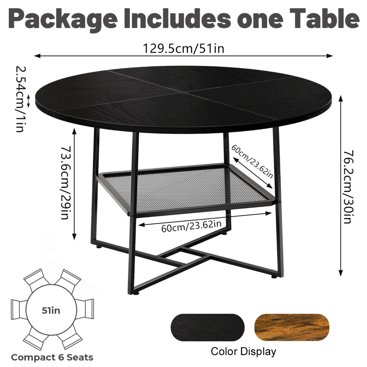 51 Round Dining Table For 4-6 Tiger Stripes-Black Wooden Dining Room Table With Storage Shelf Space Saving Circle Dinner Table With Metal Legs For Kitchen Living Room Dining Restaurant Furniture Trendsi