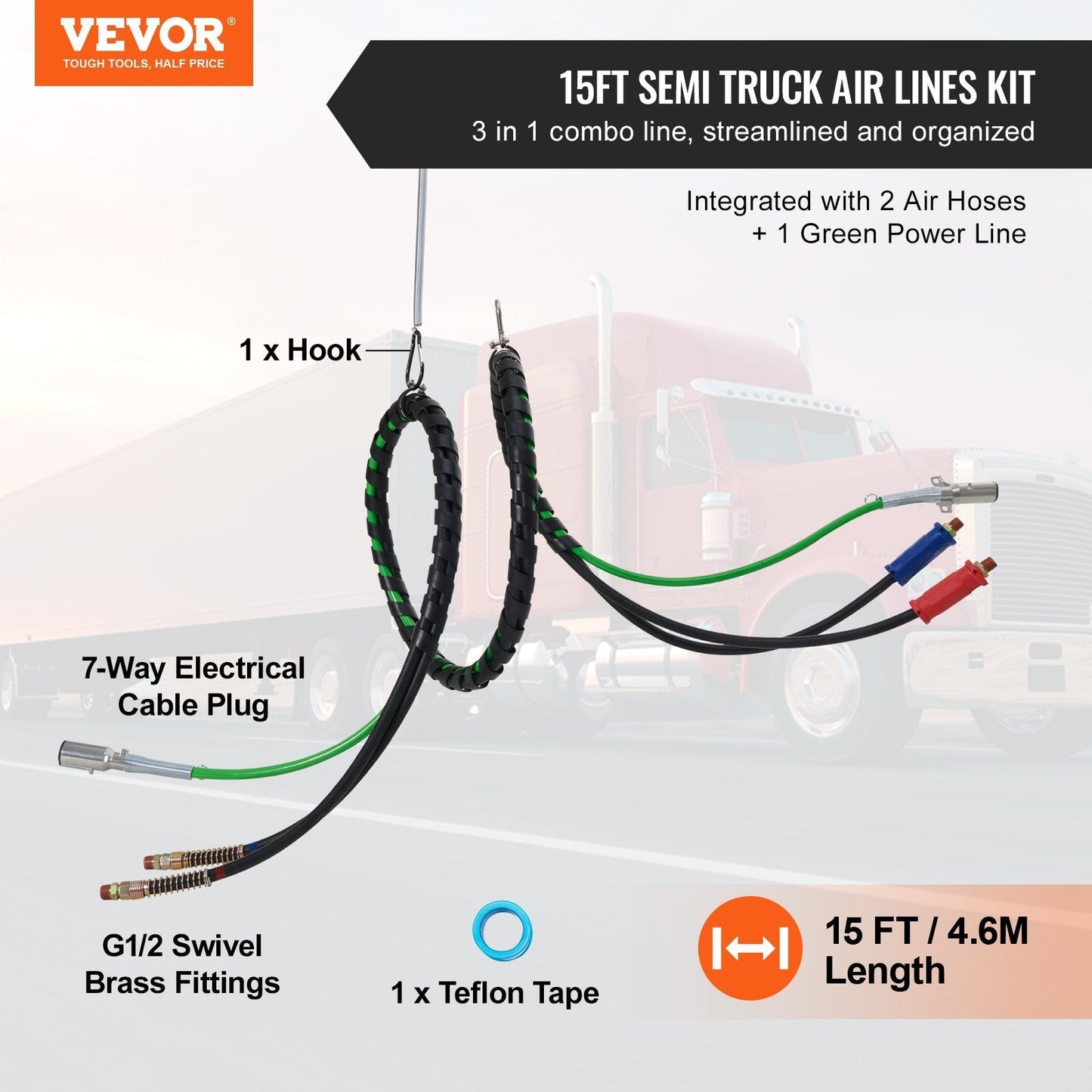 VEVOR 15FT Semi Truck Air Lines Kit, 3-in-1 Air Hoses & ABS Power Line For Semi Truck Trailer Tractor, 7-Way Plug Electrical Cord Cable And Rubber Air Lines Hose Assembly Kit With Hook & Teflon Tape Trendsi