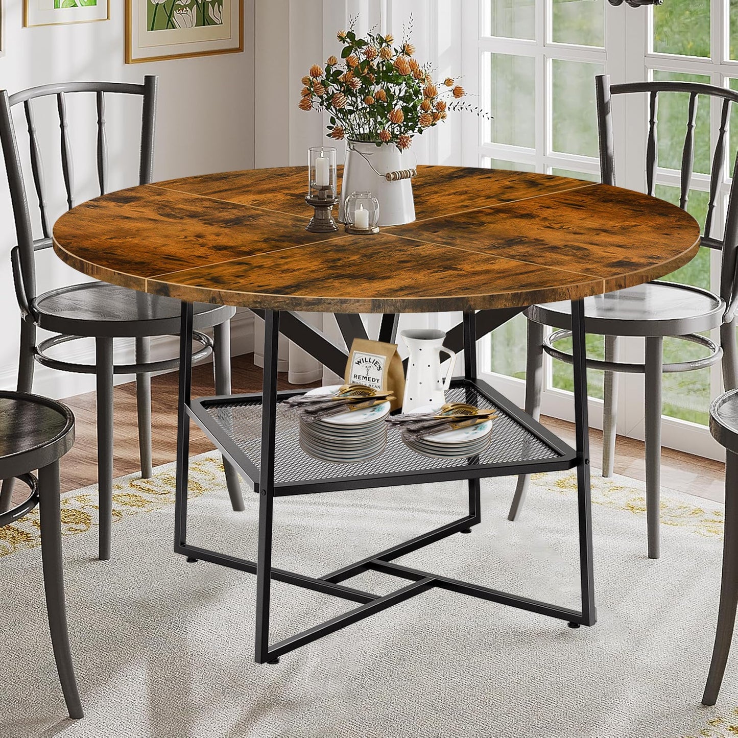 51 Round Dining Table For 4-6 Tiger Stripes-Black Wooden Dining Room Table With Storage Shelf Space Saving Circle Dinner Table With Metal Legs For Kitchen Living Room Dining Restaurant Furniture Trendsi