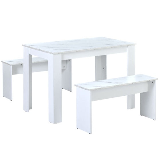 Dining Table With 2 Benches Dining Table Set For Kitchen, Dining Room, Small Space Artificial Marble White Trendsi