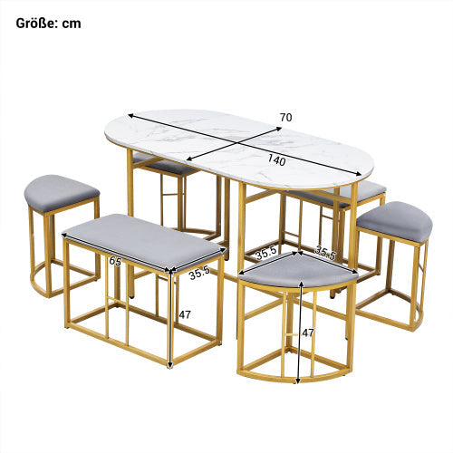 Dining Group, Set, With Dining Table, 4 Small Stools And 2 Large Stools, Kitchen Dining Table Set Made Of Steel Frame, Modern White And Gold, 140x70x76cm, Load Capacity 120 Kg Trendsi
