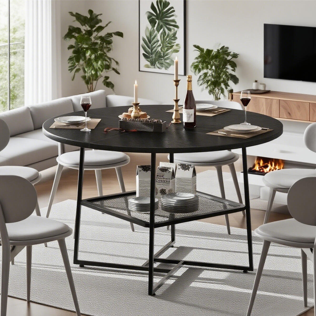 51 Round Dining Table For 4-6 Tiger Stripes-Black Wooden Dining Room Table With Storage Shelf Space Saving Circle Dinner Table With Metal Legs For Kitchen Living Room Dining Restaurant Furniture Trendsi