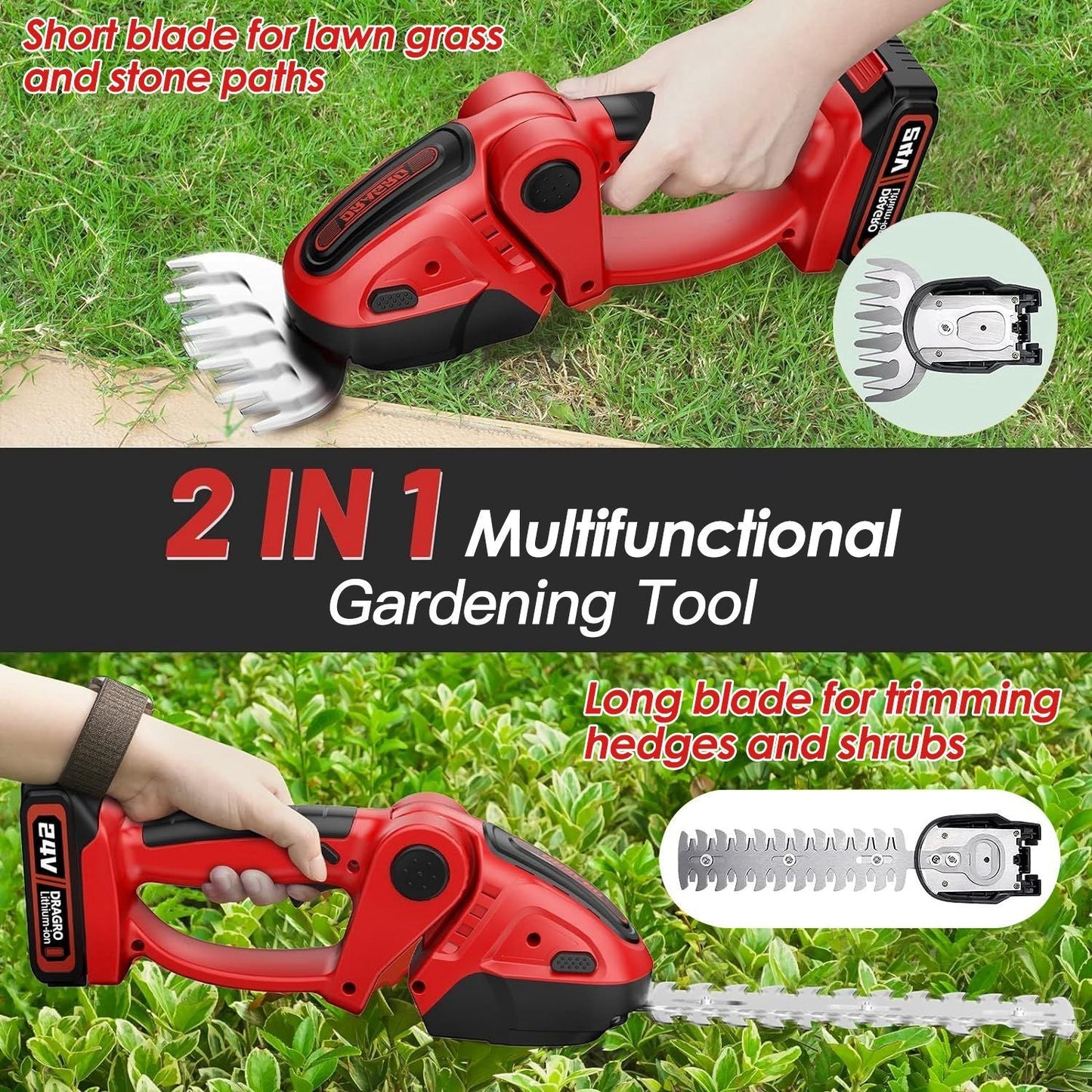 1Set 24V Cordless Handheld Grass Shear Hedge Trimmer With 90 Degree Cutting Angle 2Pcs Replaceable Blades Detachable Battery For Garden Lawn Trendsi