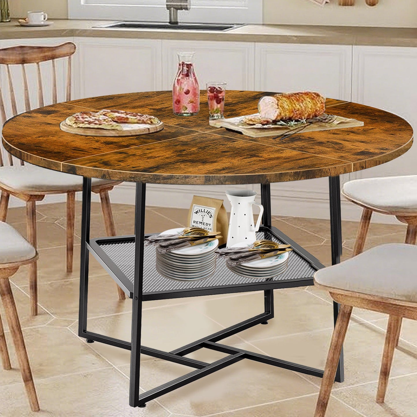 51 Round Dining Table For 4-6 Tiger Stripes-Black Wooden Dining Room Table With Storage Shelf Space Saving Circle Dinner Table With Metal Legs For Kitchen Living Room Dining Restaurant Furniture Trendsi