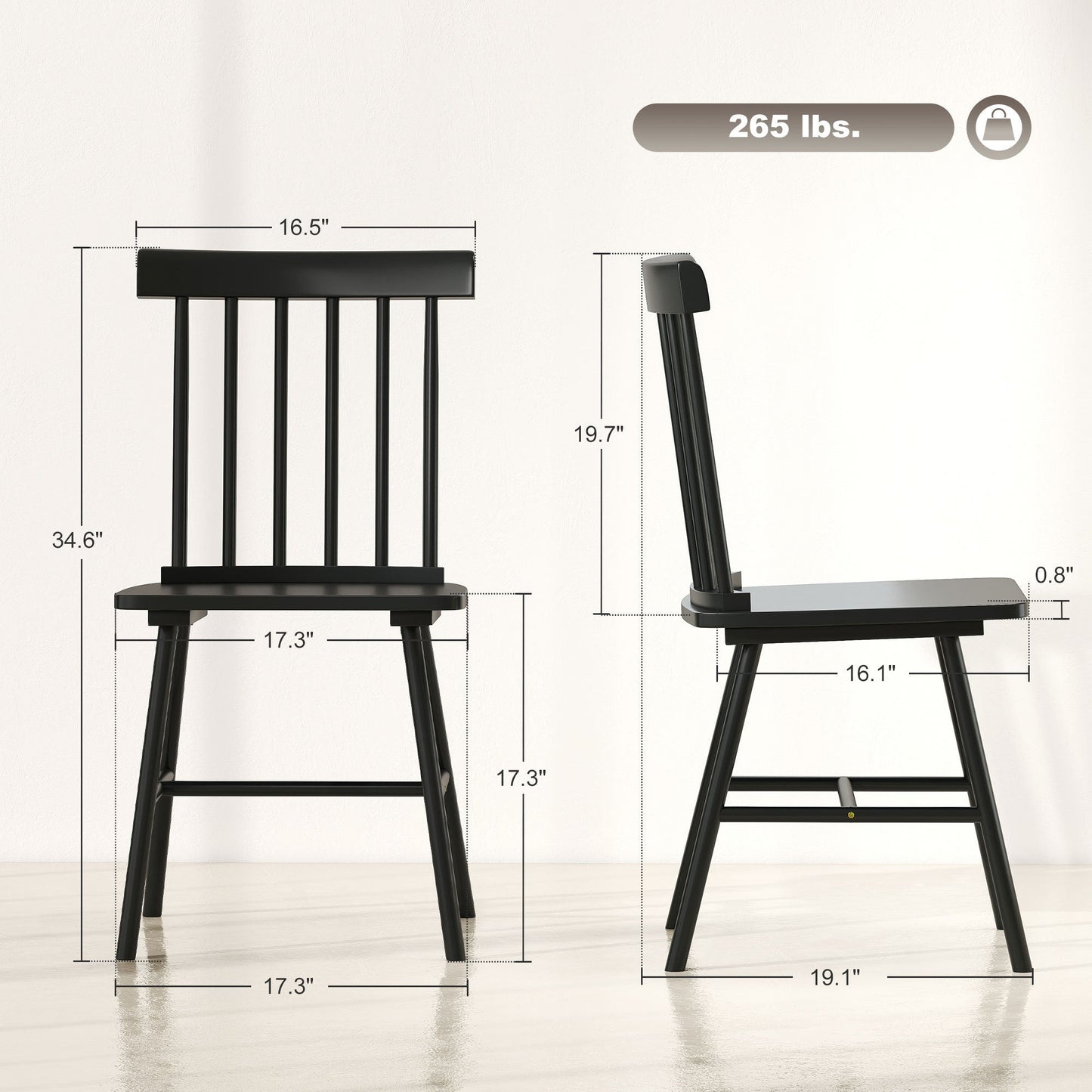 Dining Chairs Set Of 2, Farmhouse Wood Kitchen Chairs With Rubber Wood Frame, Spindle Back For Dining Room, Black Trendsi