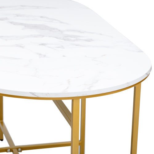 Dining Group, Set, With Dining Table, 4 Small Stools And 2 Large Stools, Kitchen Dining Table Set Made Of Steel Frame, Modern White And Gold, 140x70x76cm, Load Capacity 120 Kg Trendsi