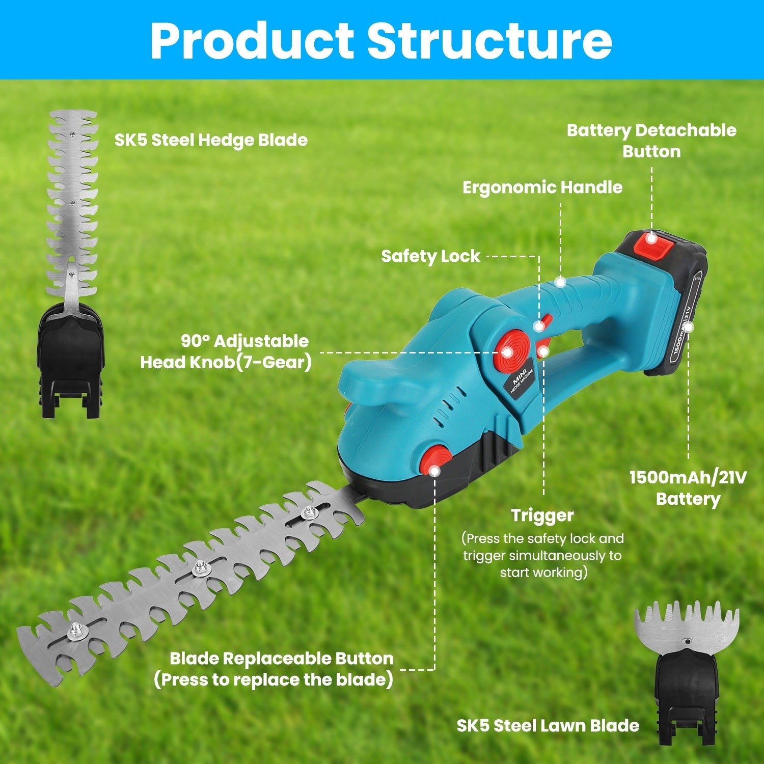 1Set Pole Mini Hedge Trimmer And Grass Shear Electric Cordless Handheld Hedge Trimmer With 90Degree Rotatable Head Telescopic Extension Pole Gloves Goggles 2Pcs 21V Batteries Trendsi