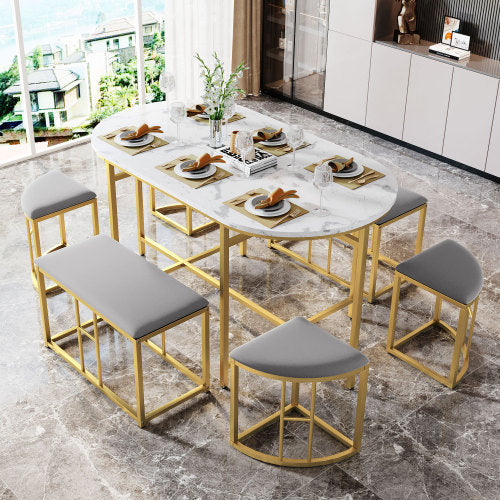 Dining Group, Set, With Dining Table, 4 Small Stools And 2 Large Stools, Kitchen Dining Table Set Made Of Steel Frame, Modern White And Gold, 140x70x76cm, Load Capacity 120 Kg Trendsi