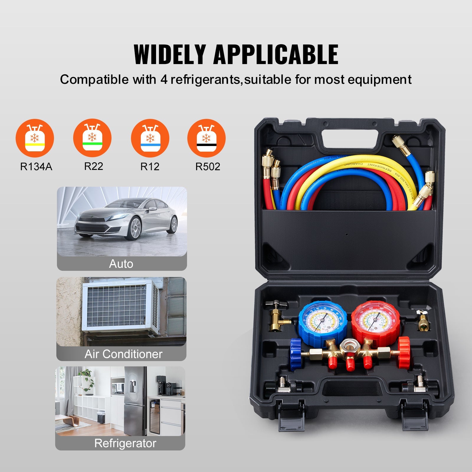 VEVOR AC Gauge Set - 3 Way AC Manifold Gauge Set For R134A R22 R12 R502 Refrigerant, Freon Gauges With 5ft Hoses, Couplers, Can Tap Works On Car Auto Freon Charging And Evacuation Trendsi