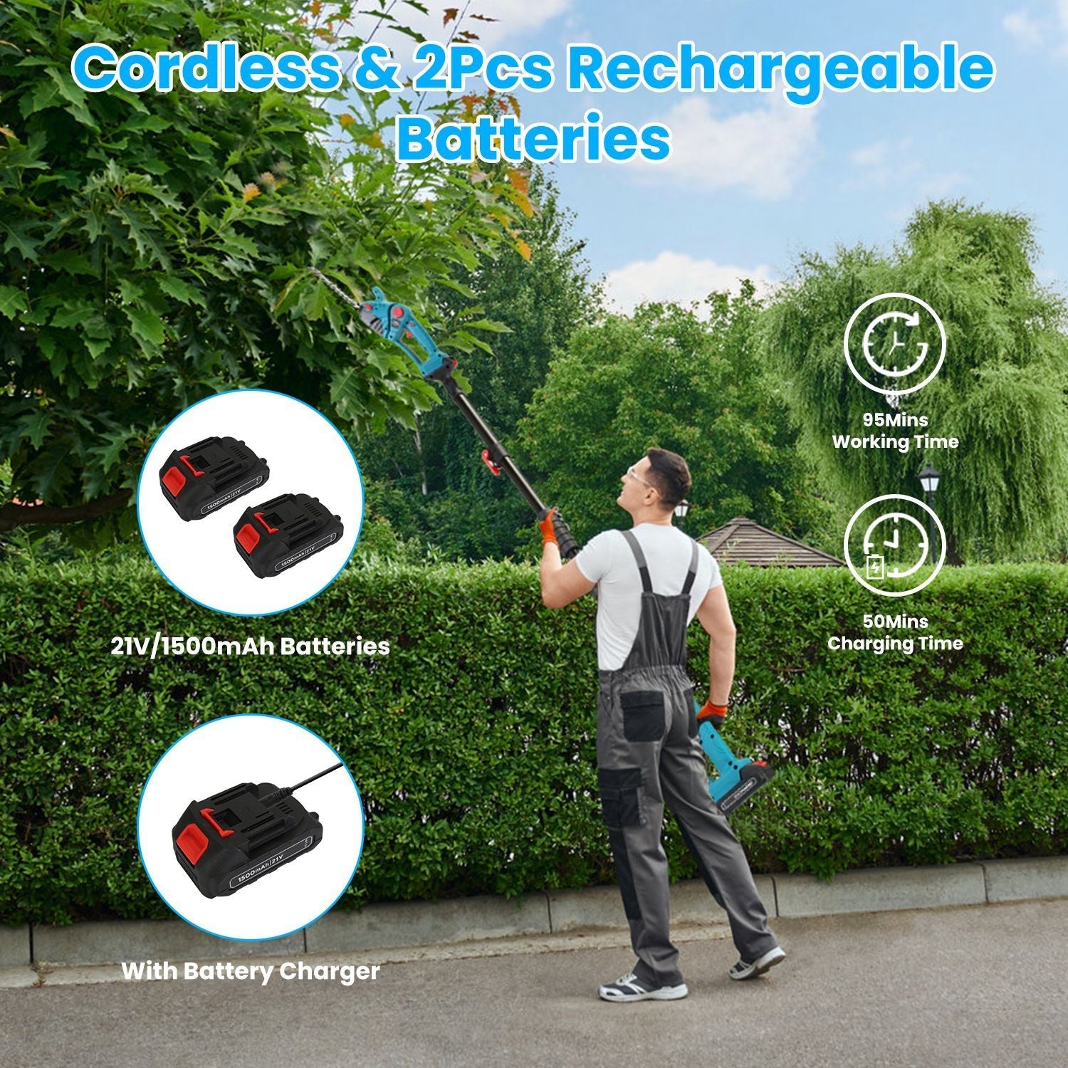 1Set Pole Mini Hedge Trimmer And Grass Shear Electric Cordless Handheld Hedge Trimmer With 90Degree Rotatable Head Telescopic Extension Pole Gloves Goggles 2Pcs 21V Batteries Trendsi