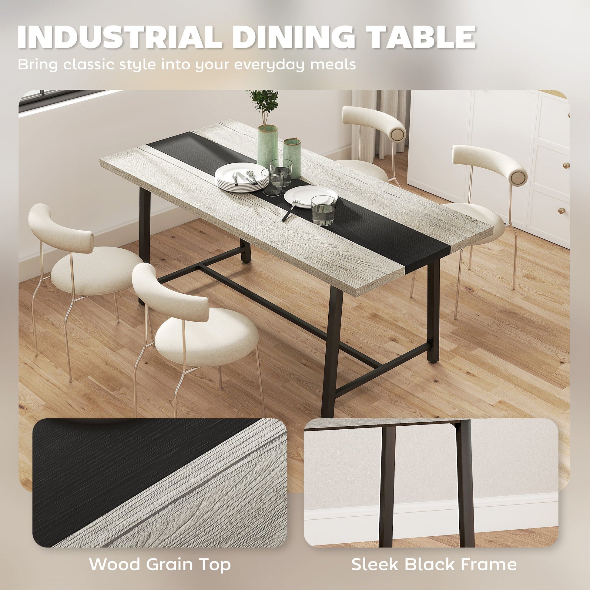 Industrial Kitchen Table For 8 People, 70.9 Long Dining Table With Large Tabletop And Steel Legs For Dining Room, Gray Trendsi
