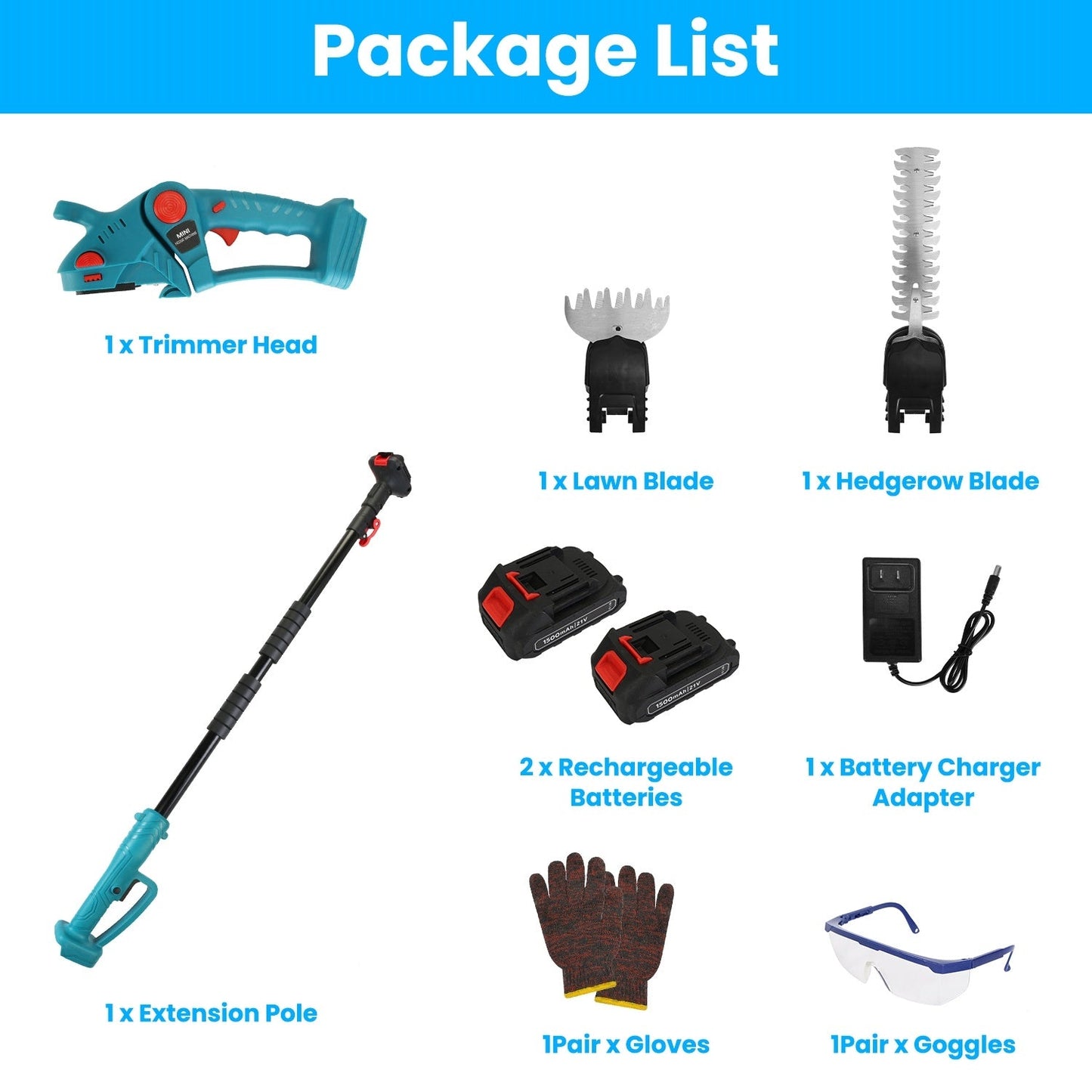1Set Pole Mini Hedge Trimmer And Grass Shear Electric Cordless Handheld Hedge Trimmer With 90Degree Rotatable Head Telescopic Extension Pole Gloves Goggles 2Pcs 21V Batteries Trendsi