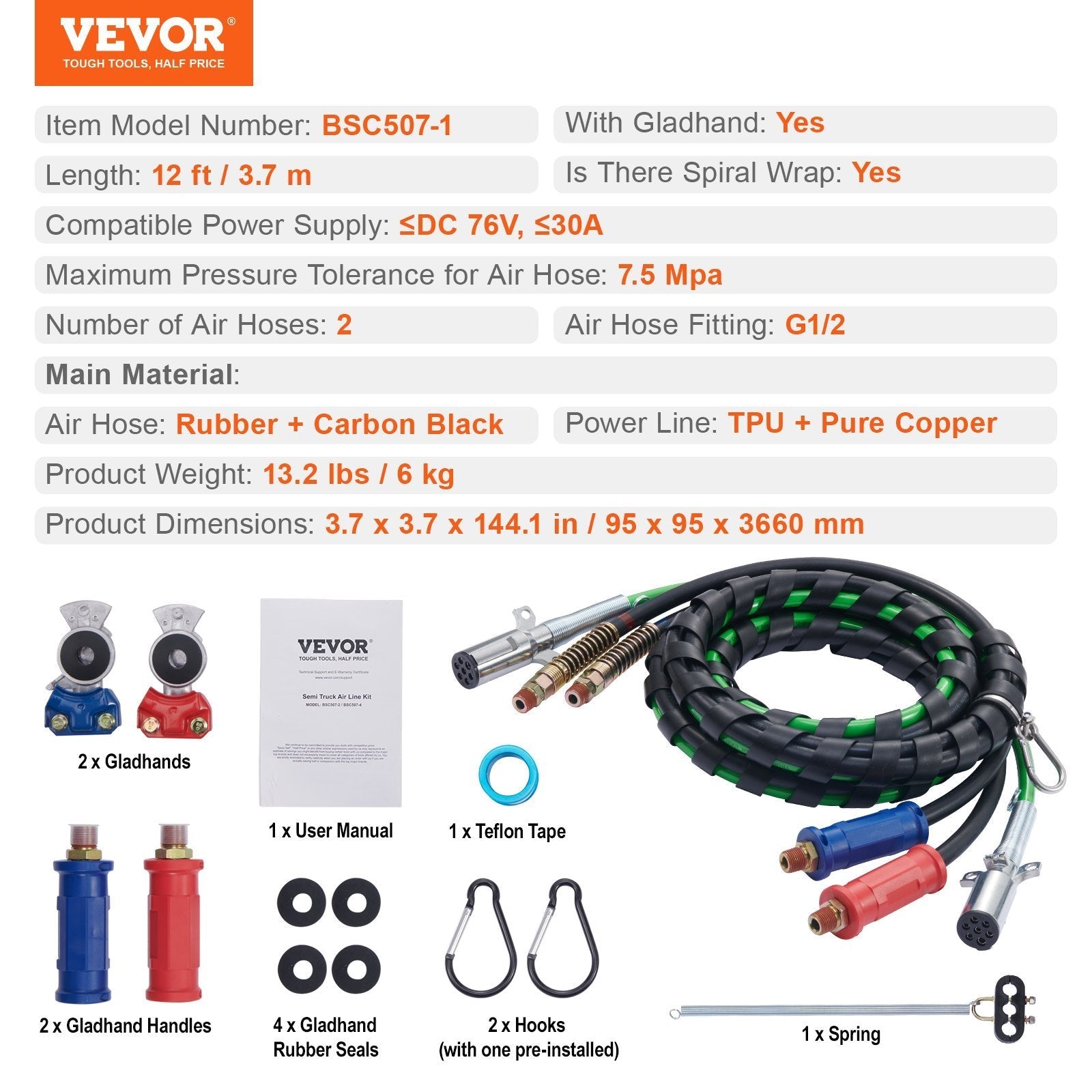 12FT Semi Truck Air Lines Kit With 2PCS Glad Hands, 3-in-1 Air Hoses  7 Way ABS Electric Power Line, With 2PCS Gladhand Handles, 4PCS Seals And Tender Spring Kit For Semi Truck Trailer Tractor Trendsi