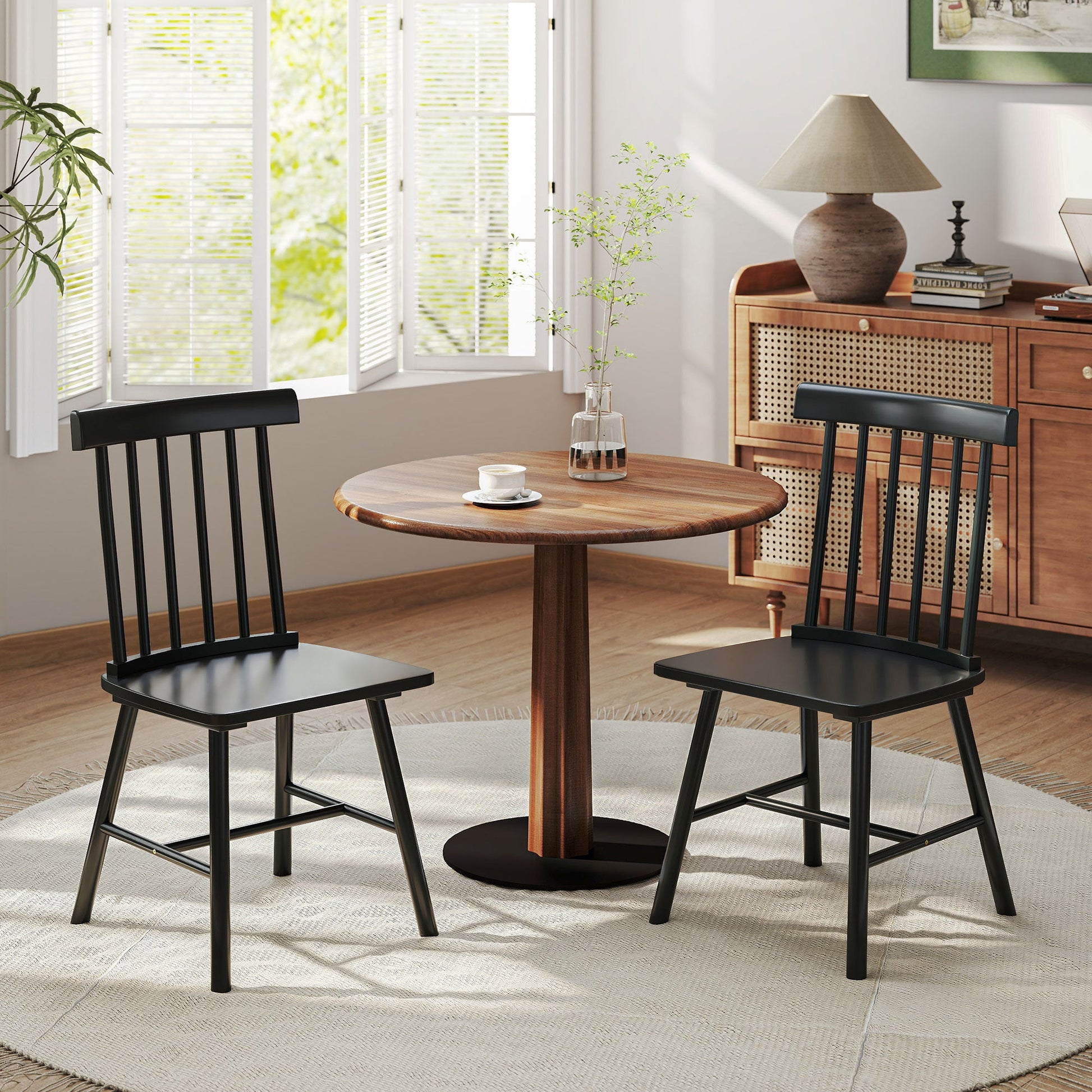 Dining Chairs Set Of 2, Farmhouse Wood Kitchen Chairs With Rubber Wood Frame, Spindle Back For Dining Room, Black Trendsi