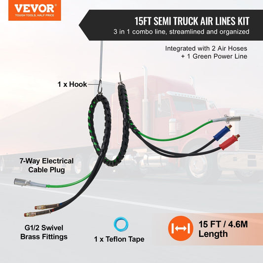 VEVOR 15FT Semi Truck Air Lines Kit, 3-in-1 Air Hoses & ABS Power Line For Semi Truck Trailer Tractor, 7-Way Plug Electrical Cord Cable And Rubber Air Lines Hose Assembly Kit With Hook & Teflon Tape Trendsi