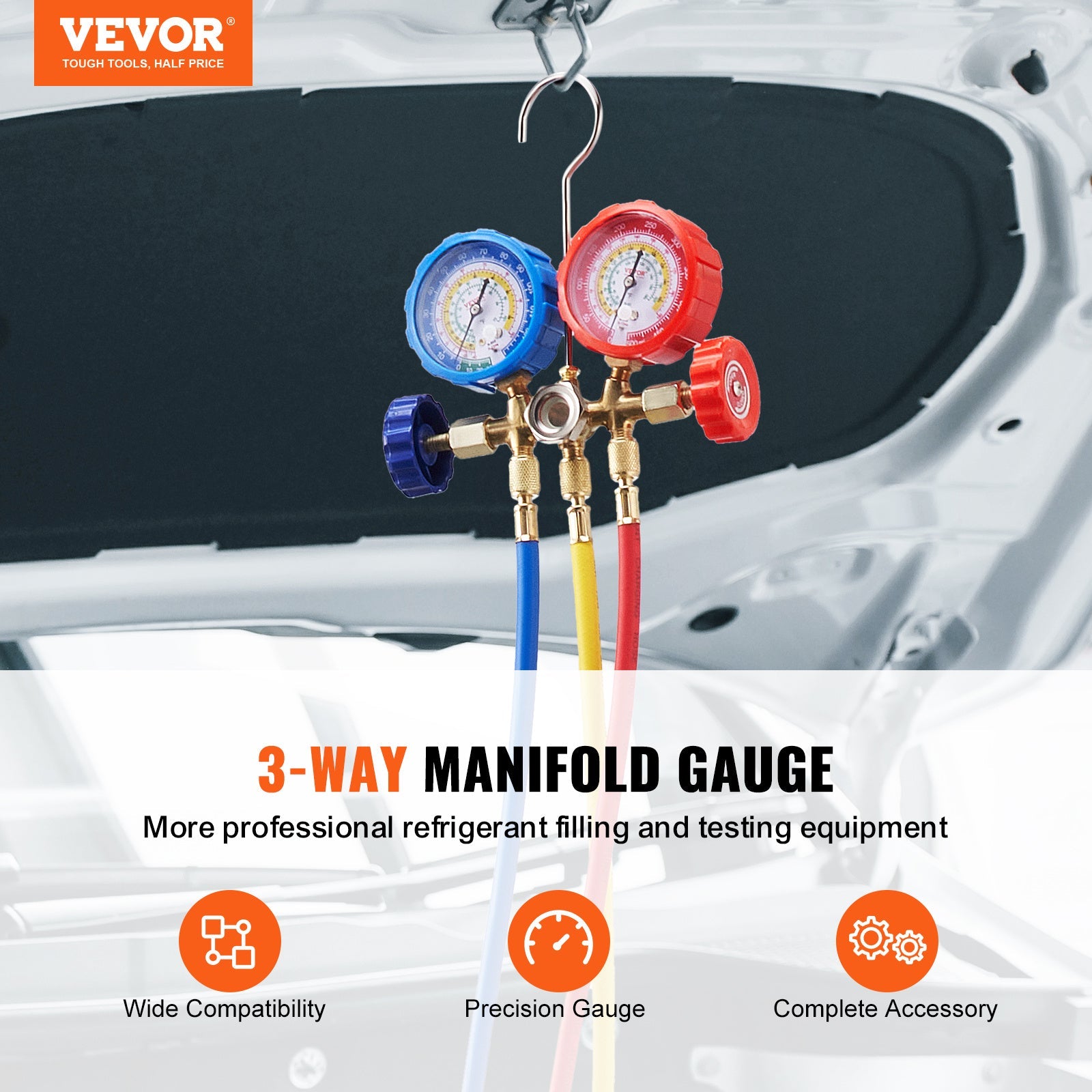 VEVOR AC Gauge Set - 3 Way AC Manifold Gauge Set For R134A R22 R12 R502 Refrigerant, Freon Gauges With 5ft Hoses, Couplers, Can Tap Works On Car Auto Freon Charging And Evacuation Trendsi