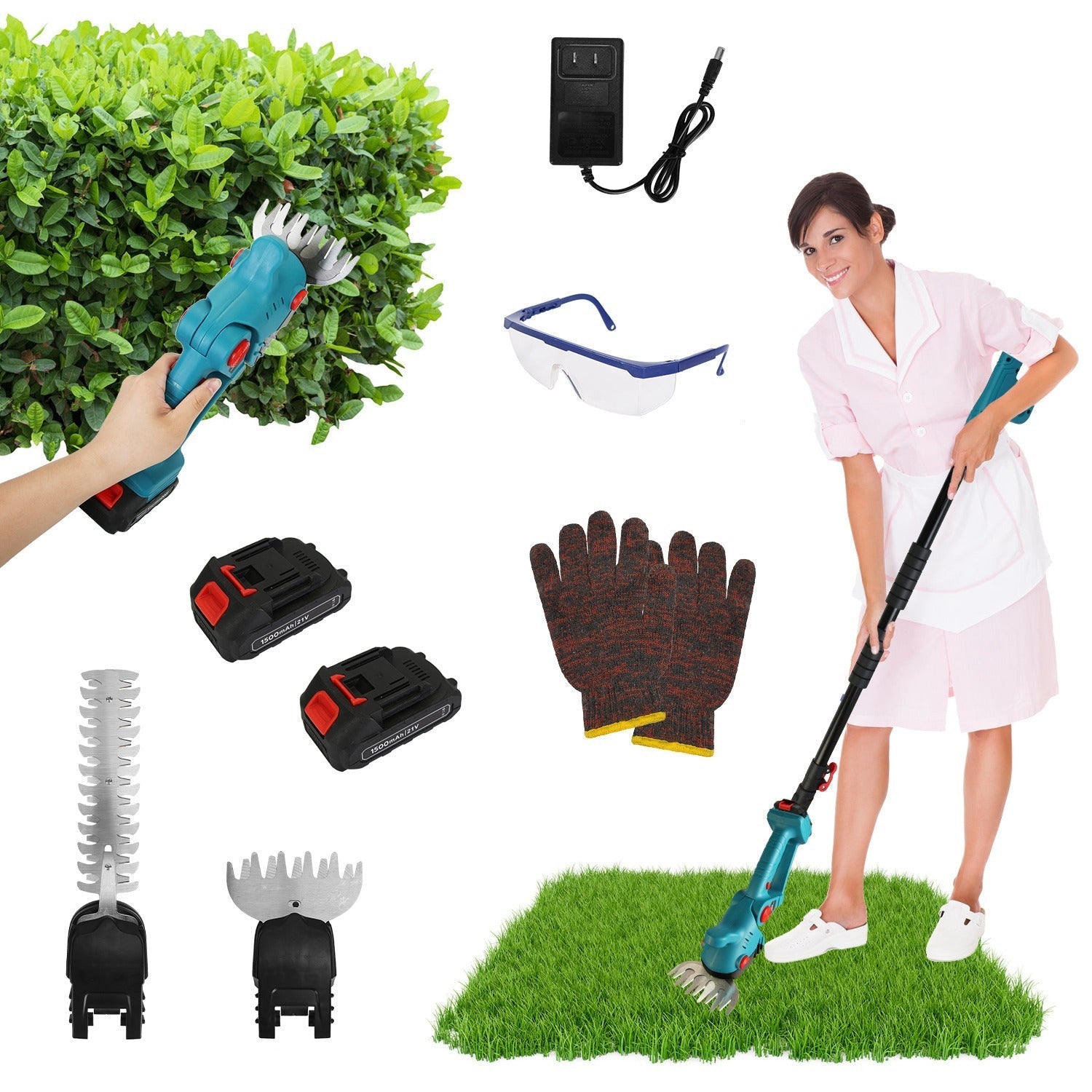 1Set Pole Mini Hedge Trimmer And Grass Shear Electric Cordless Handheld Hedge Trimmer With 90Degree Rotatable Head Telescopic Extension Pole Gloves Goggles 2Pcs 21V Batteries Trendsi