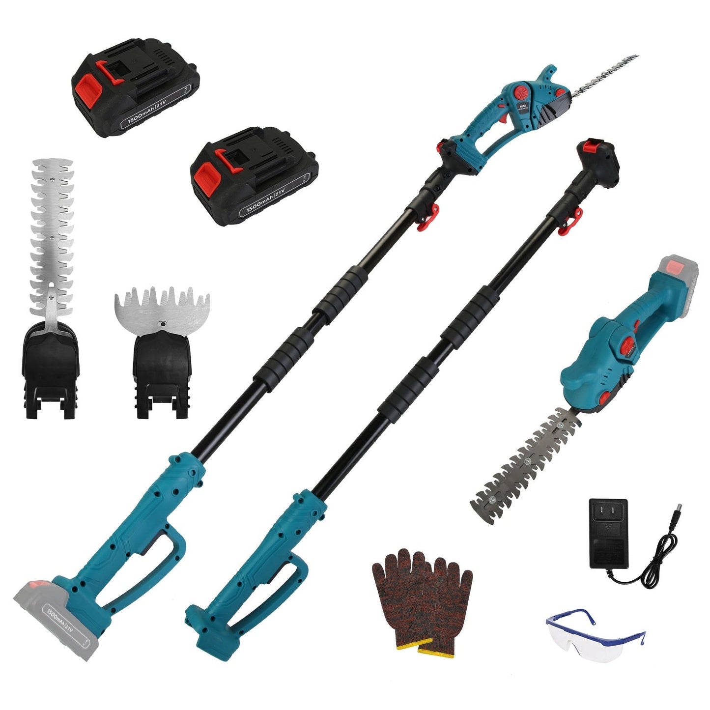 1Set Pole Mini Hedge Trimmer And Grass Shear Electric Cordless Handheld Hedge Trimmer With 90Degree Rotatable Head Telescopic Extension Pole Gloves Goggles 2Pcs 21V Batteries Trendsi