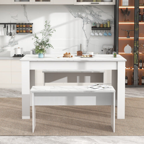Dining Table With 2 Benches Dining Table Set For Kitchen, Dining Room, Small Space Artificial Marble White Trendsi